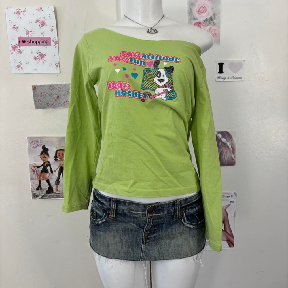 Y2K Lime Green Graphic Baby Tee – "100% Hockey" Dog Print - Picture 2 of 3